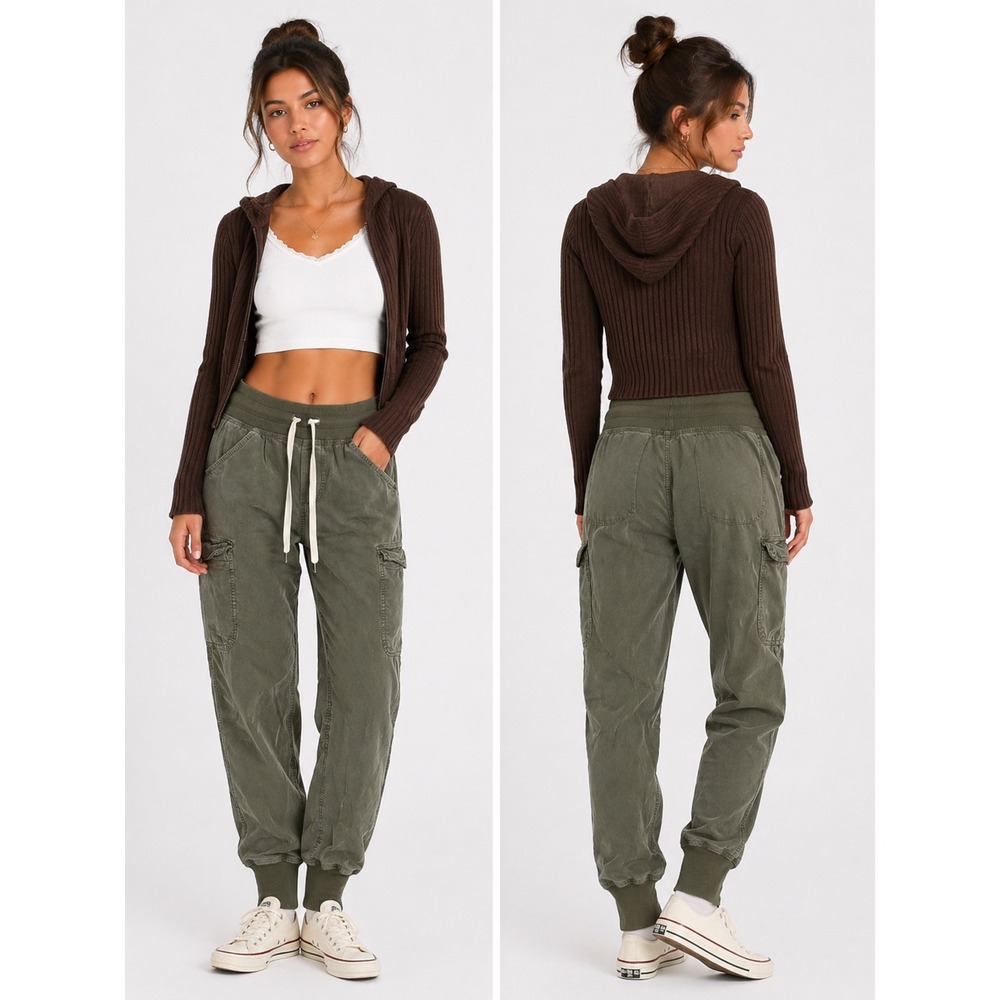 Aerie Cargo Jogger Pants Womens Medium Green Ribbed Waist Utility Gorpcore
